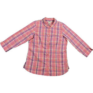 LL Bean Shirt Women's M Plaid Pink Purple Button Down Long Sleeve Pocket